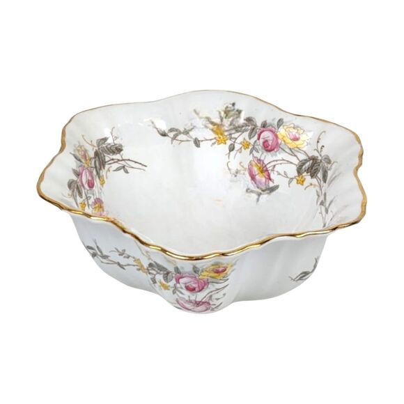 Vintage German Porcelain Serving Bowl: Floral Design, Gold Rim - Picture 7 of 8